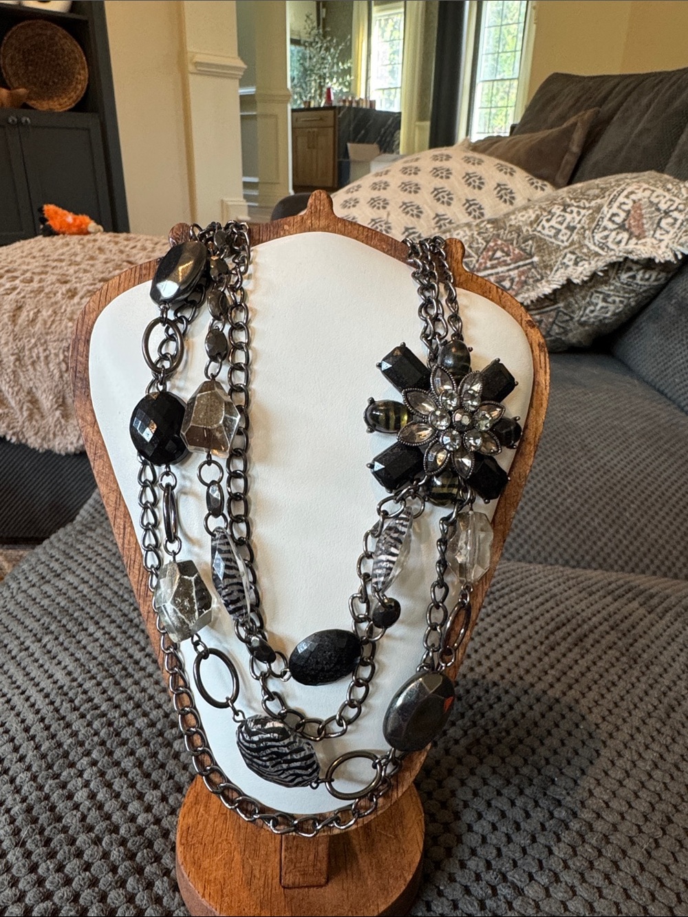 Statement Multi-Strand Gunmetal and Black Floral Pendant Necklace -